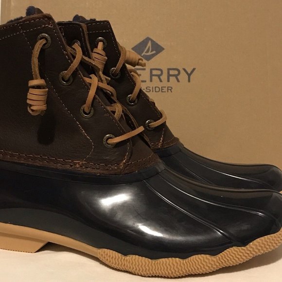 SPERRY Top Sider Saltwater Duck Waterproof Boots 91175 Navy+ Brown Leather 8.5 - Picture 6 of 14
